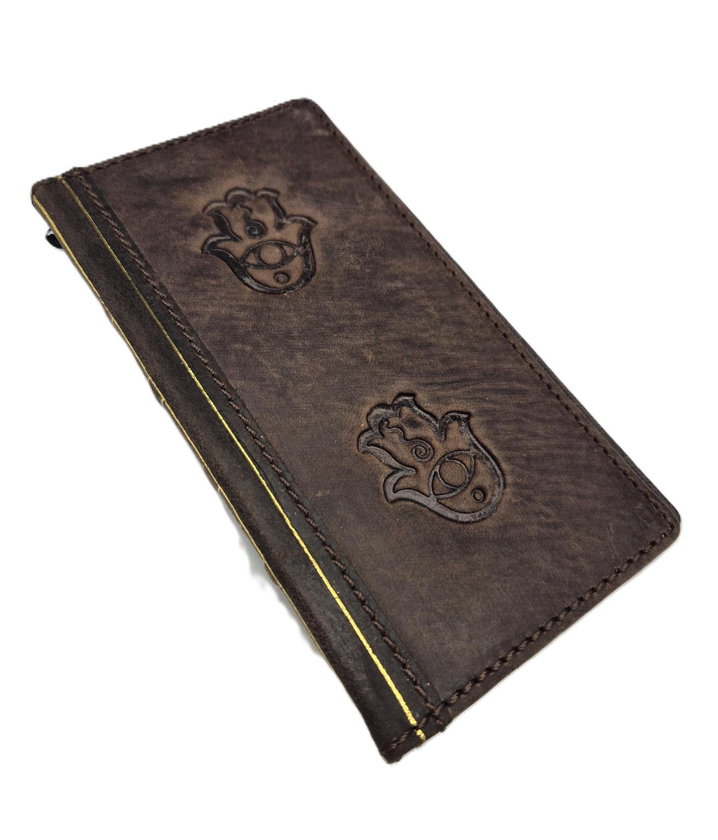 Handmade Leather Galaxy Z Fold Wallet Case: Hamsa Art Design
