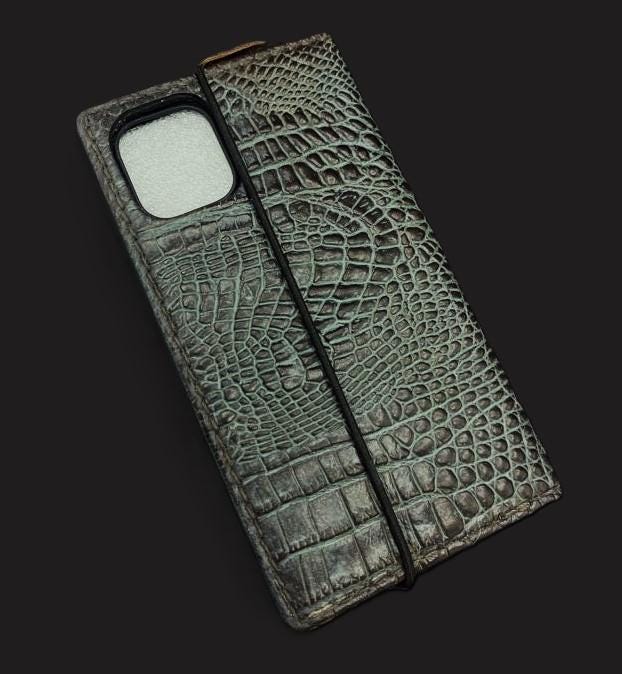 Genuine Leather Google Pixel Case: Vintage Crocodile Green Wallet Cover