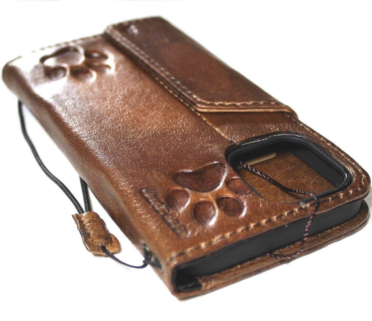 Vintage Leather iPhone Wallet Case: Paw Print Book Cover with ID Window