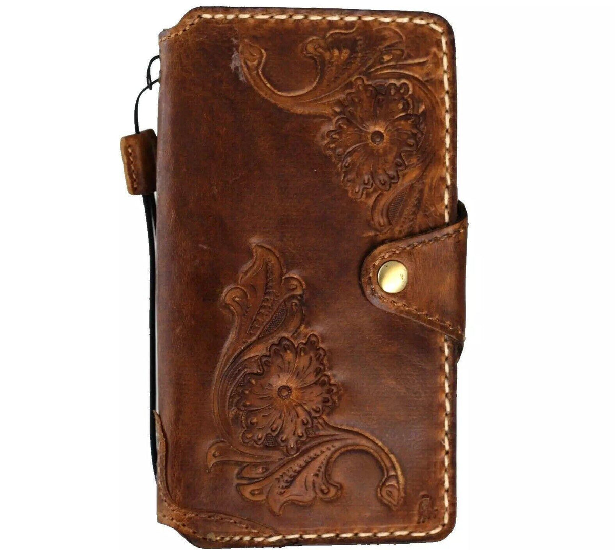 Handmade Leather iPhone Wallet Case: Vintage Floral Art Design