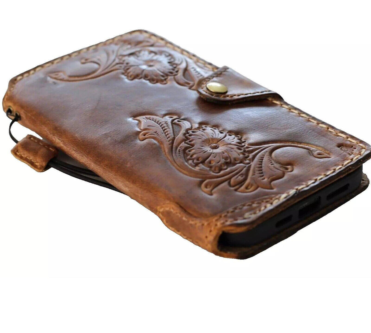 Handmade Leather Galaxy Phone Case: Floral Tooled Wallet with Card Slots