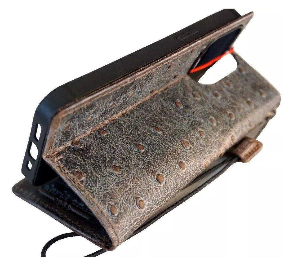 Ostrich Style Leather iPhone Wallet Case: Vintage Book Design