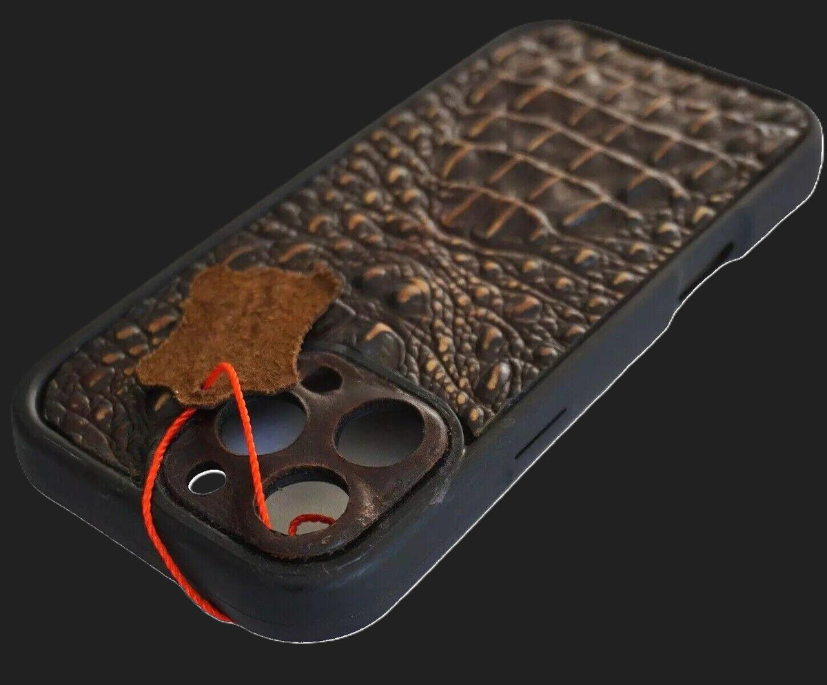Handmade Genuine Leather iPhone Case: Crocodile Art Stitch