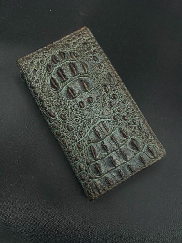 Handmade Leather Wallet Case for Google Pixel Fold: Green Crocodile Design