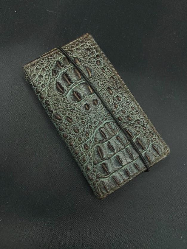 Handmade Leather Wallet Case for Google Pixel Fold: Green Crocodile Design