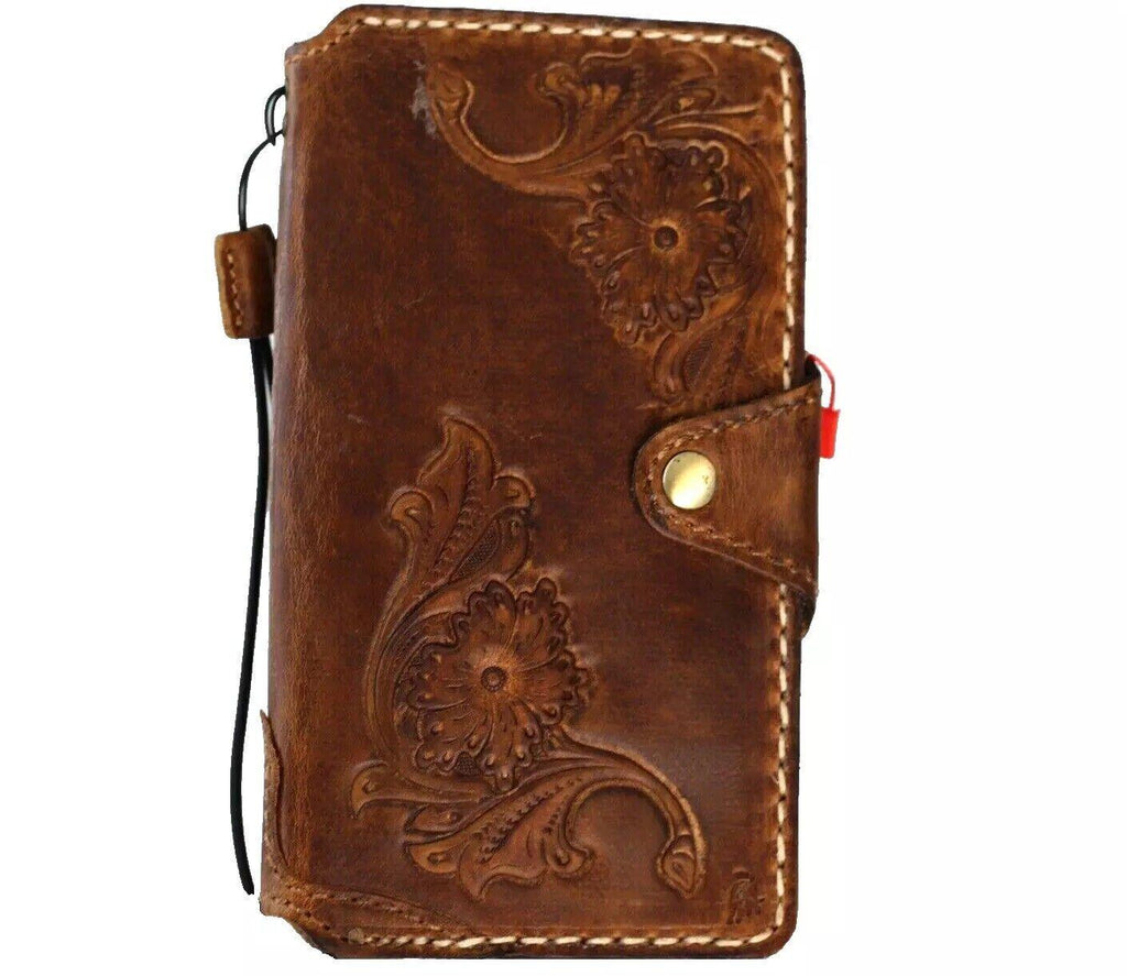 Handmade Leather iPhone Wallet Case: Vintage Floral Art Design
