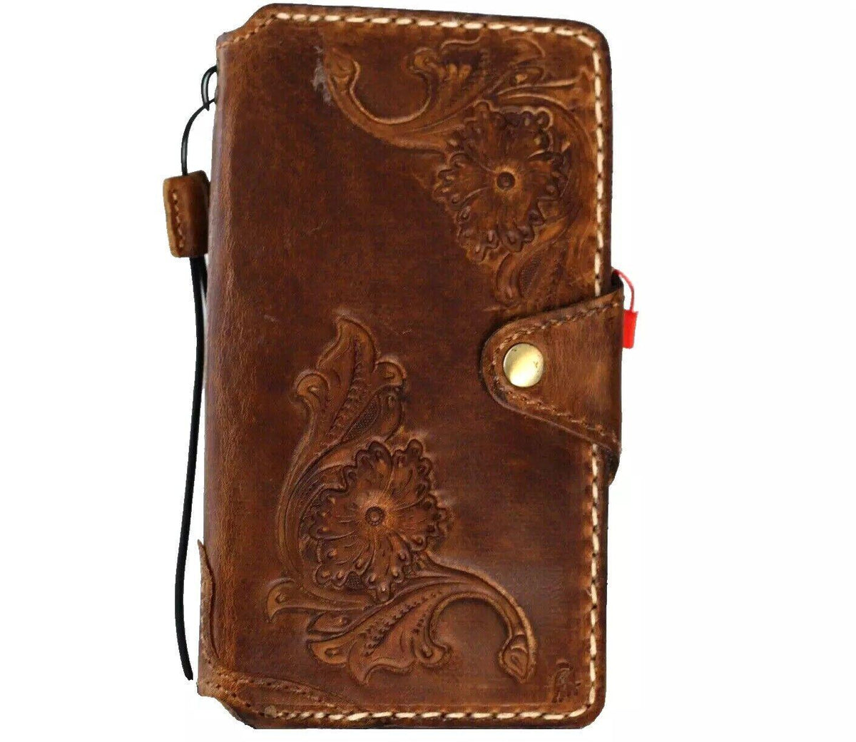 Handmade Leather iPhone Wallet Case: Vintage Floral Art Design