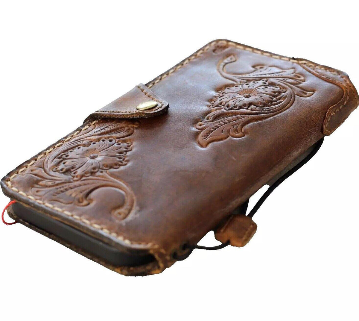 Handmade Leather Galaxy Phone Case: Floral Tooled Wallet with Card Slots