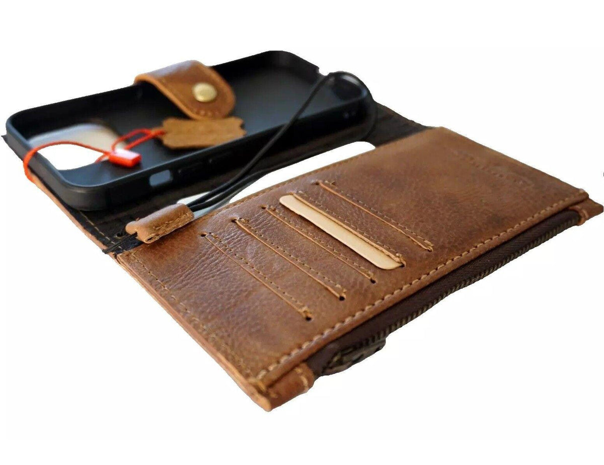 Genuine Leather iPhone Wallet Case: Credit Card Slots & Zipper