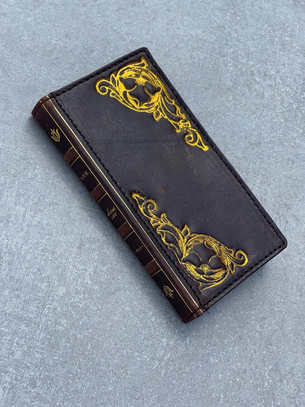 Vintage Book Style Leather iPhone Wallet Case: Gold Art Design