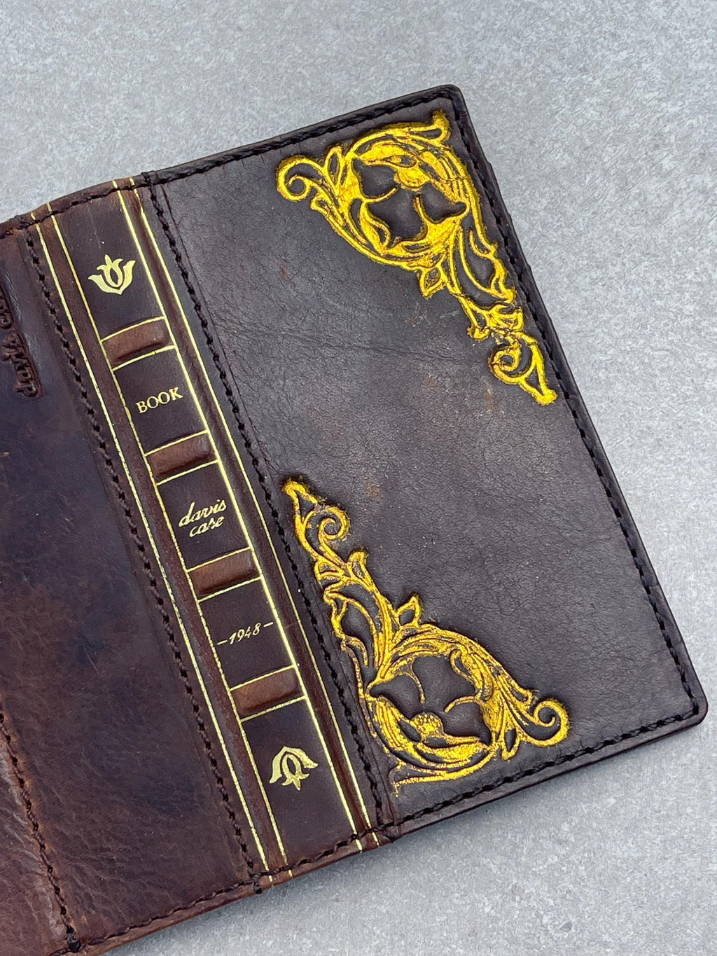 Vintage Book Style Leather iPhone Wallet Case: Gold Art Design