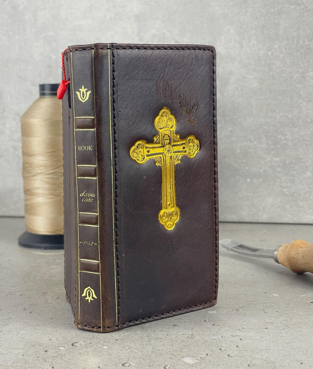 Handmade Leather iPhone Case: Vintage Gold Cross Wallet