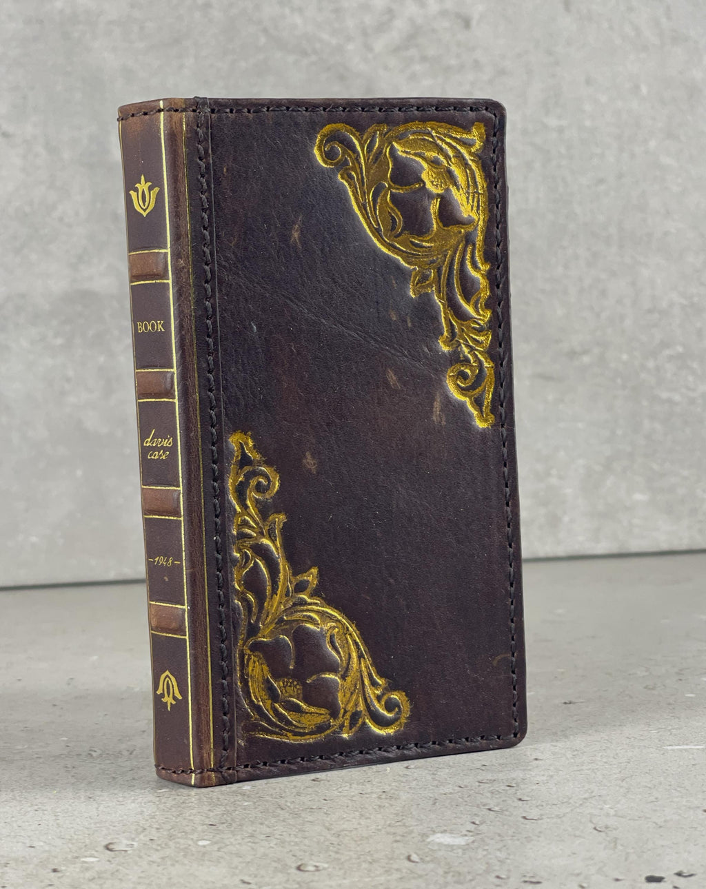 Vintage Book Style Leather iPhone Wallet Case: Gold Art Design