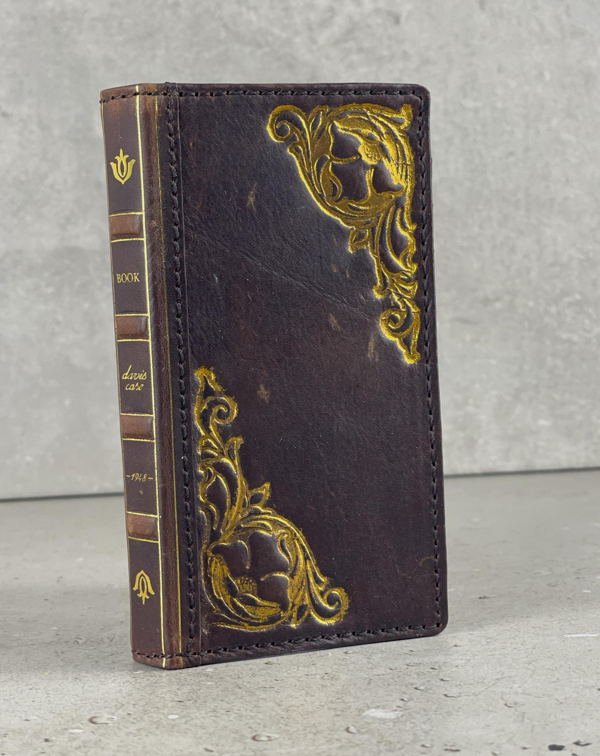 Vintage Book Style Leather iPhone Wallet Case: Gold Art Design