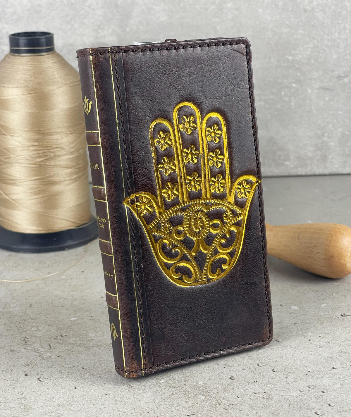 Handmade Leather Galaxy Z Fold Wallet Case: Golden Hamsa Art