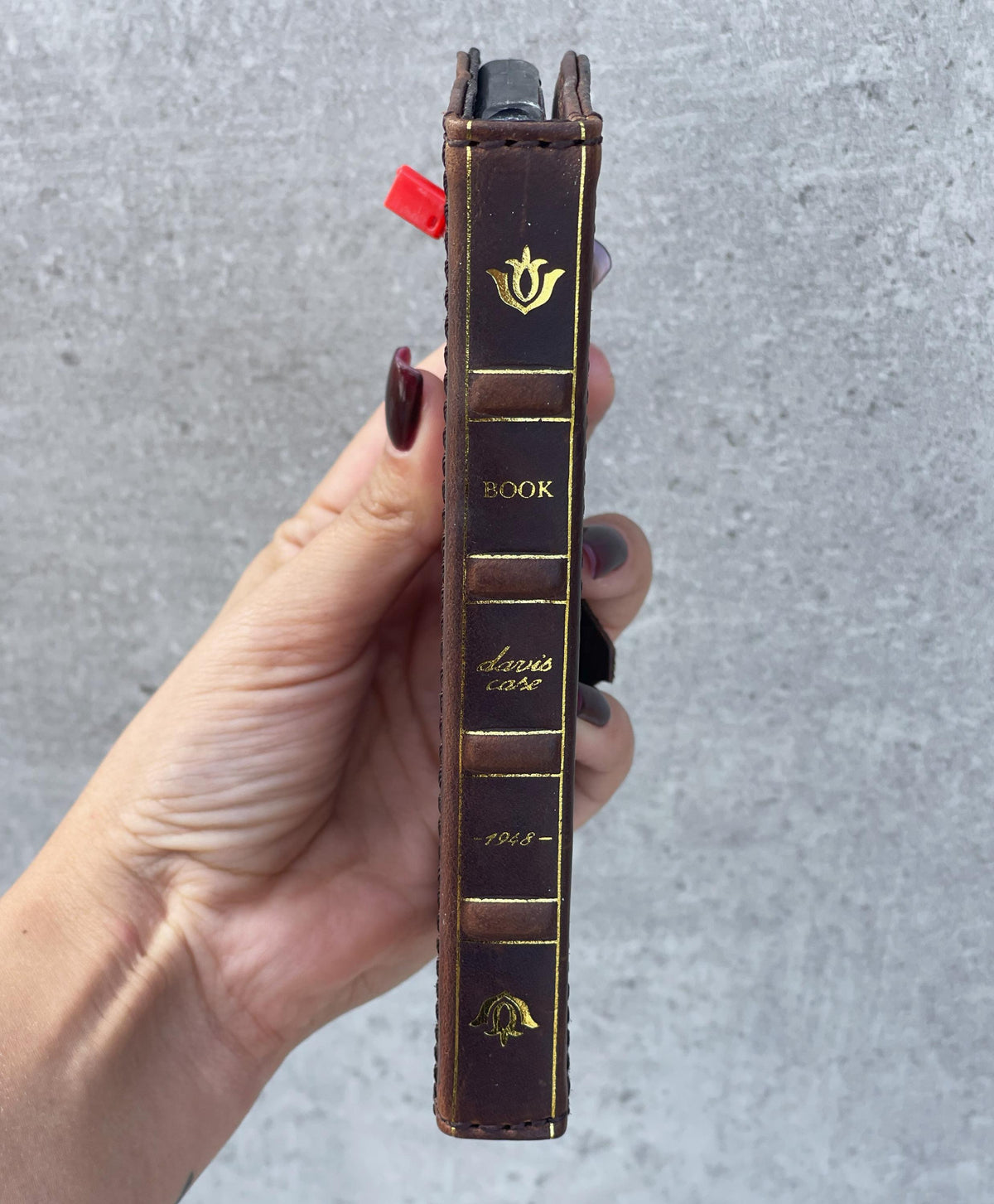 Handmade Leather Phone Wallet: Book Style Cover with Gold Decorations