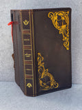 Handmade Leather Phone Wallet: Book Style Cover with Gold Decorations