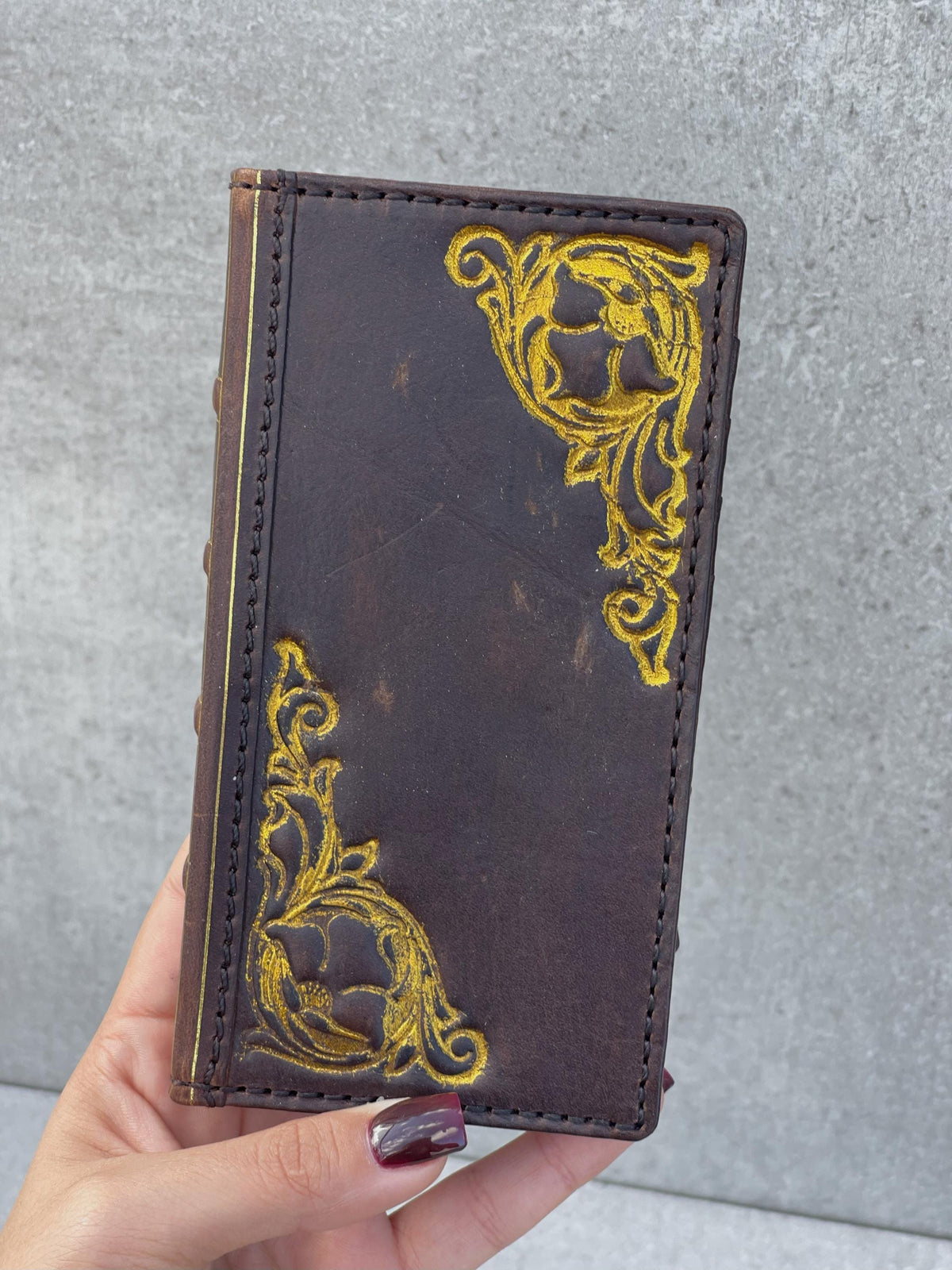Handmade Leather Phone Wallet: Book Style Cover with Gold Decorations