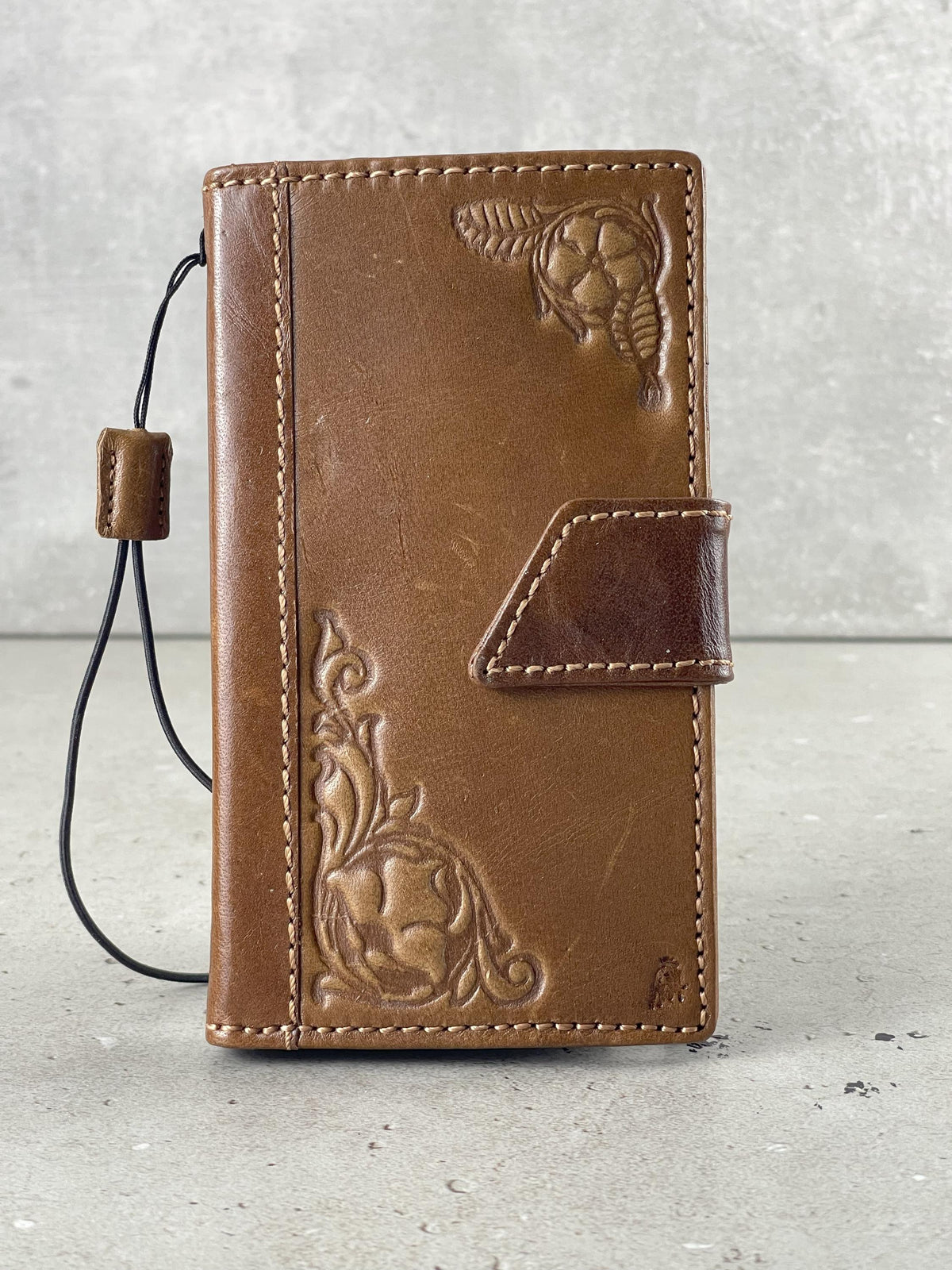 Handmade Leather iPhone Wallet Case: Vintage Stamped Floral Design