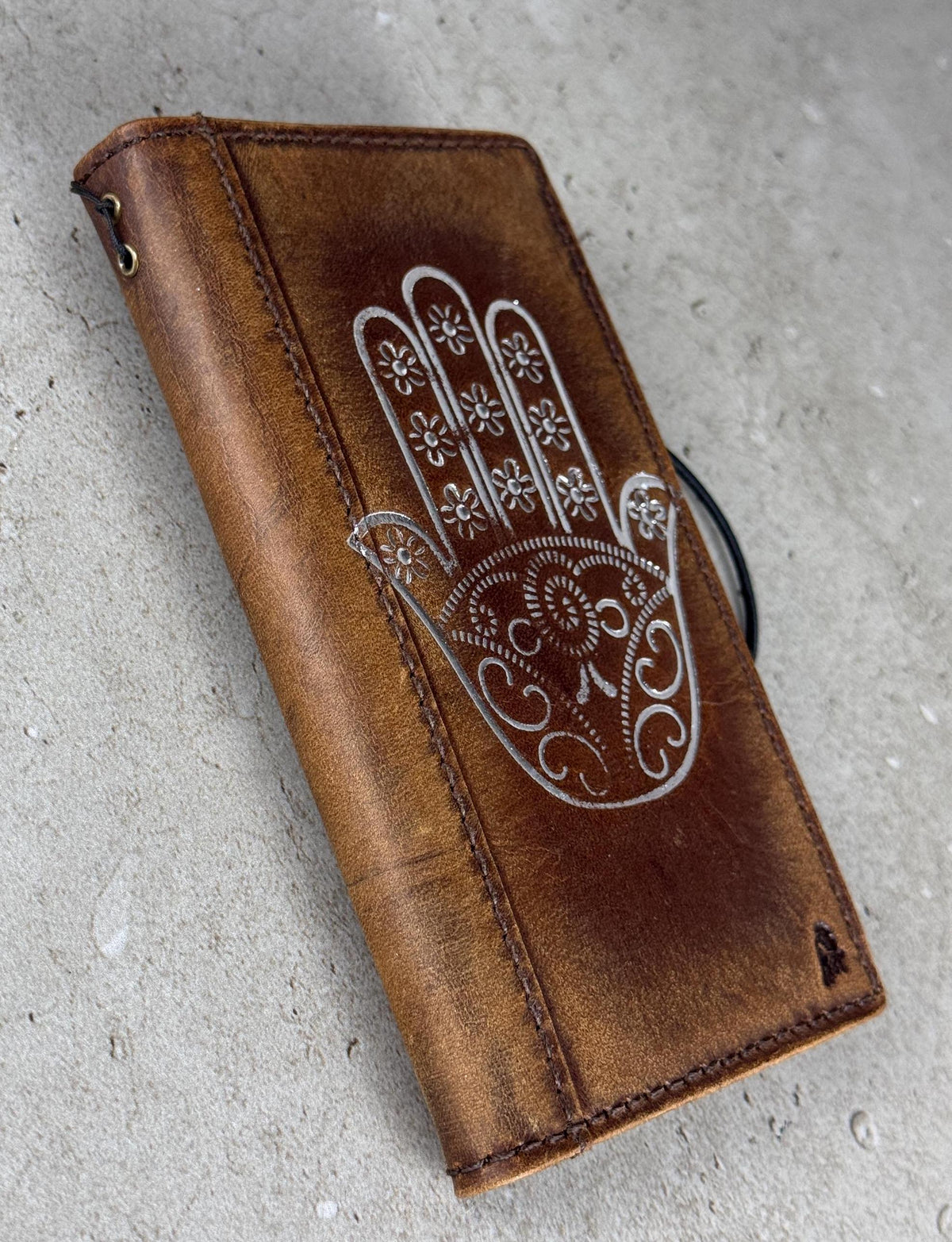 Leather iPhone Wallet Case: Hamsa Book Style, ID Window