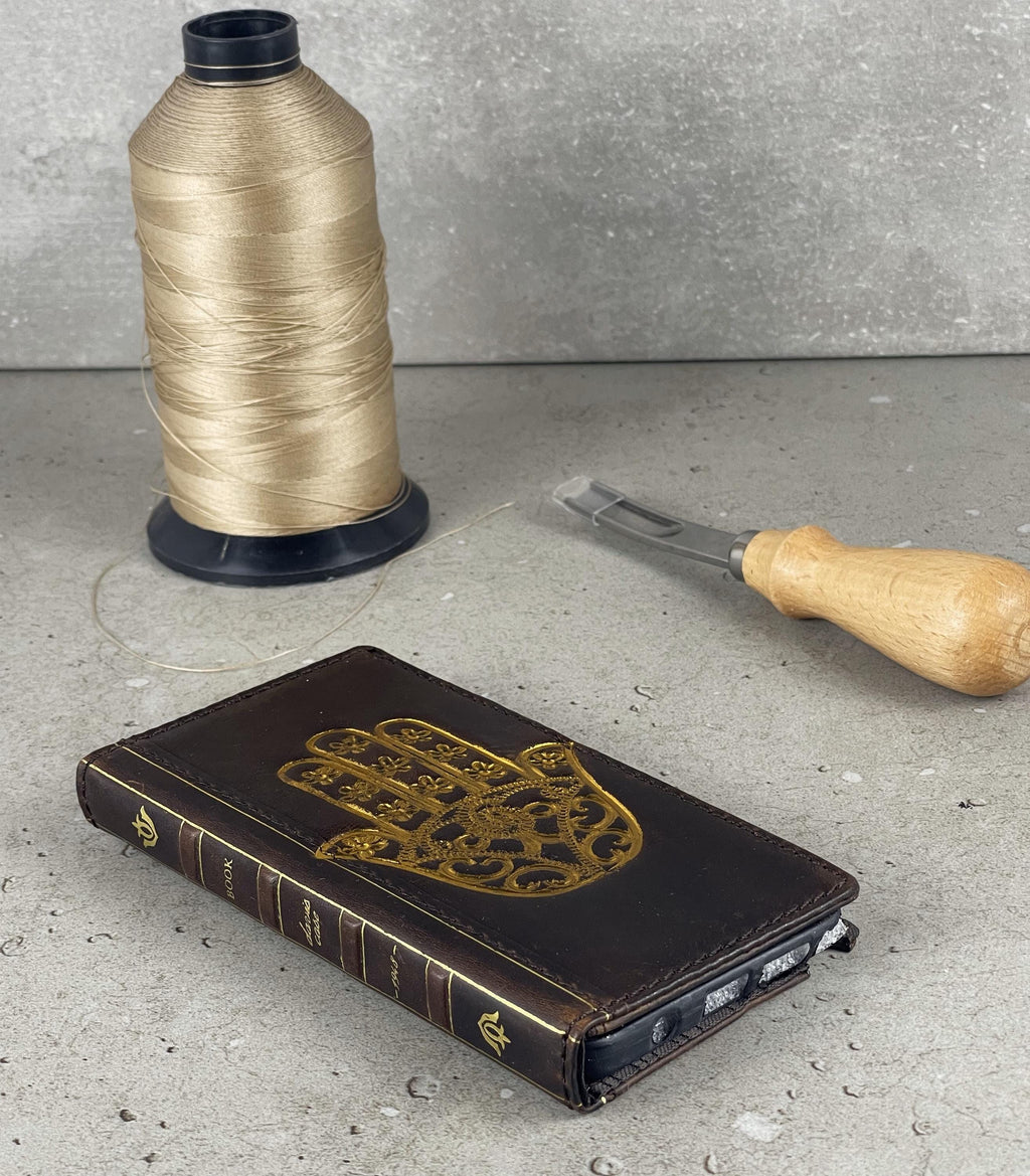 Handmade Leather iPhone Wallet Case: Gold Hamsa Book