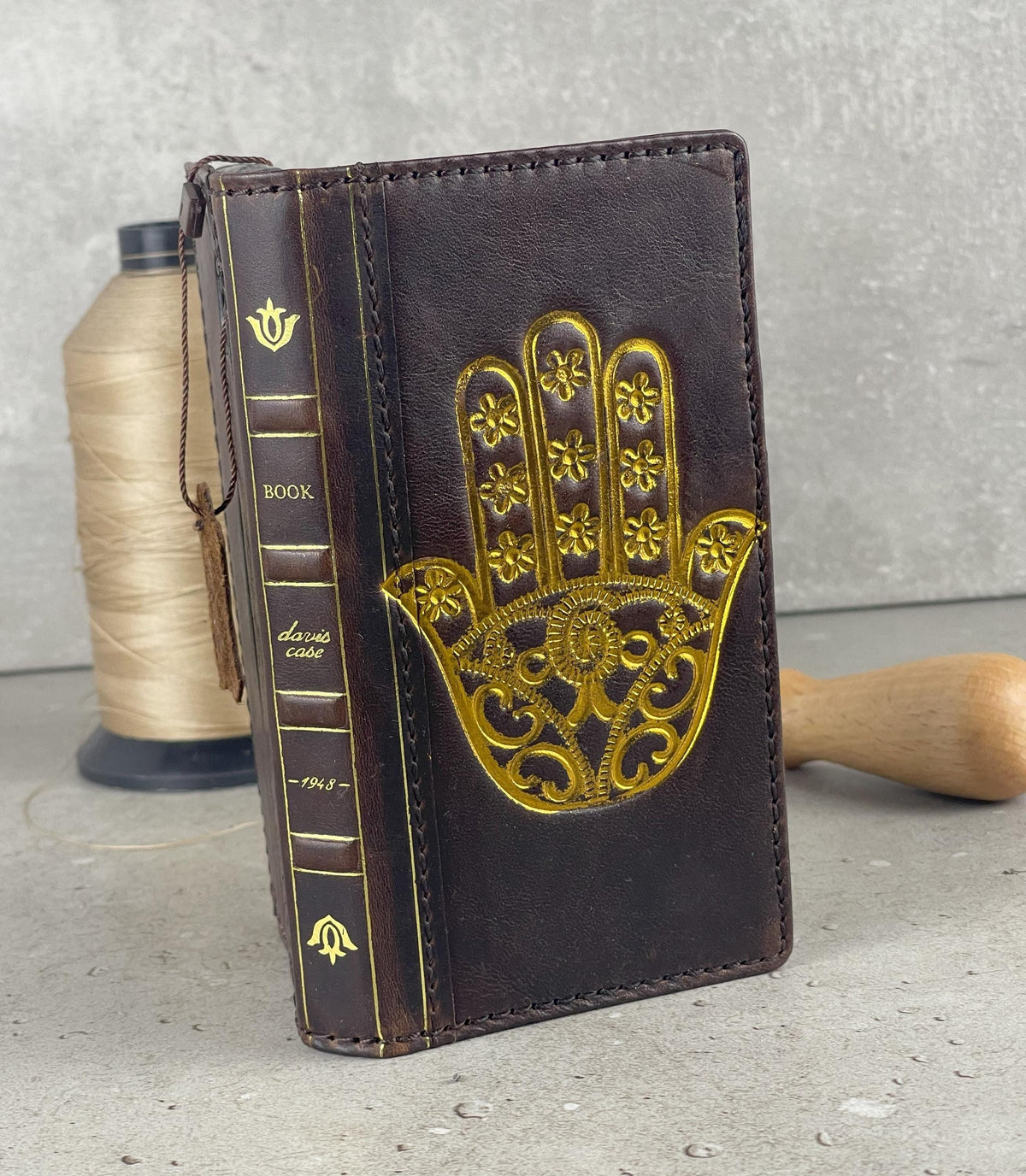 Handmade Leather iPhone Wallet Case: Gold Hamsa Book