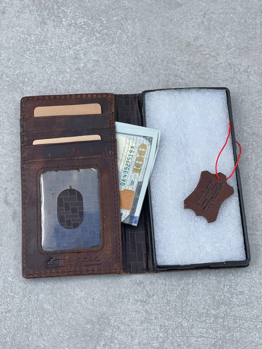 Handmade Leather iPhone Wallet Case: Gold Hamsa Book