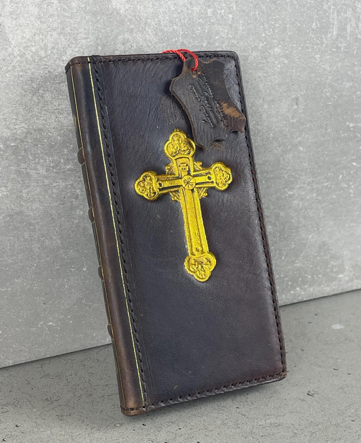 Handmade Leather iPhone Case: Vintage Gold Cross Wallet