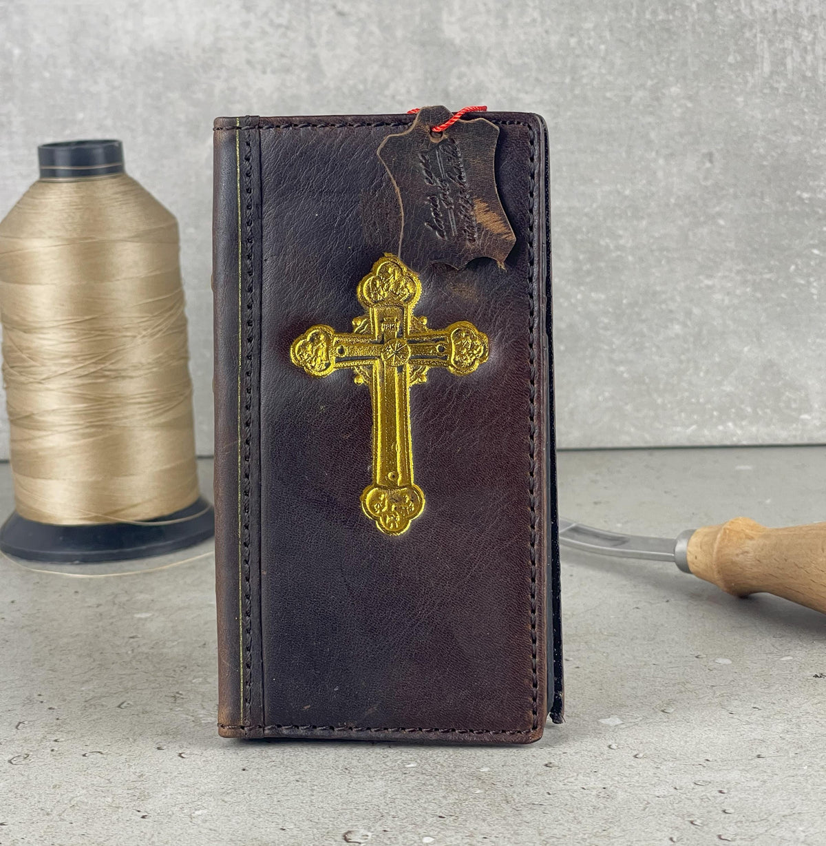 Handmade Leather iPhone Case: Vintage Gold Cross Wallet