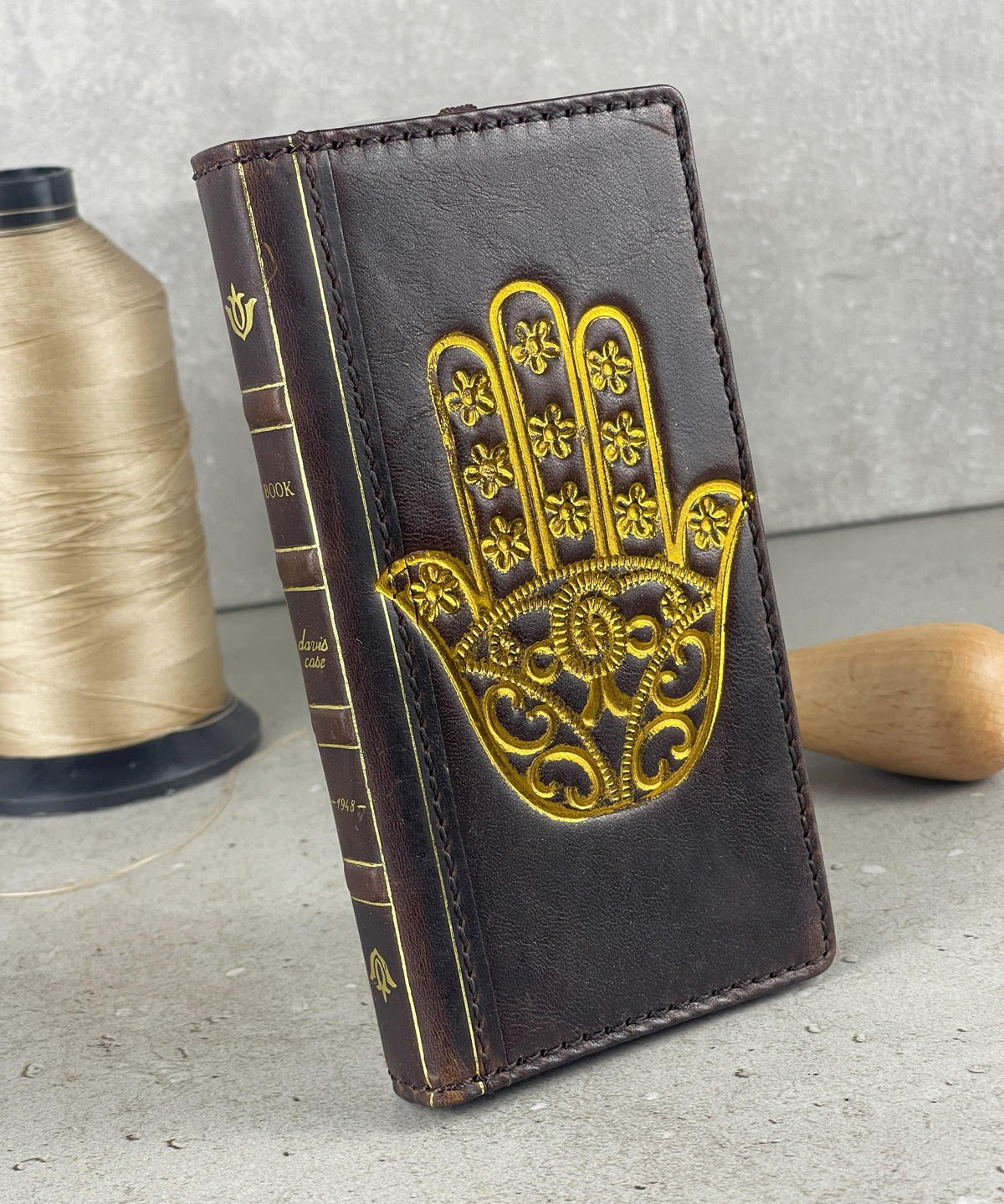Handmade Leather Galaxy Z Fold Wallet Case: Golden Hamsa Art
