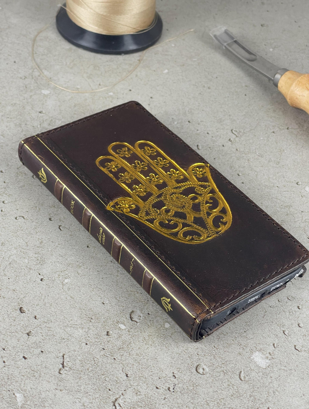 Handmade Leather Galaxy Z Fold Wallet Case: Golden Hamsa Art