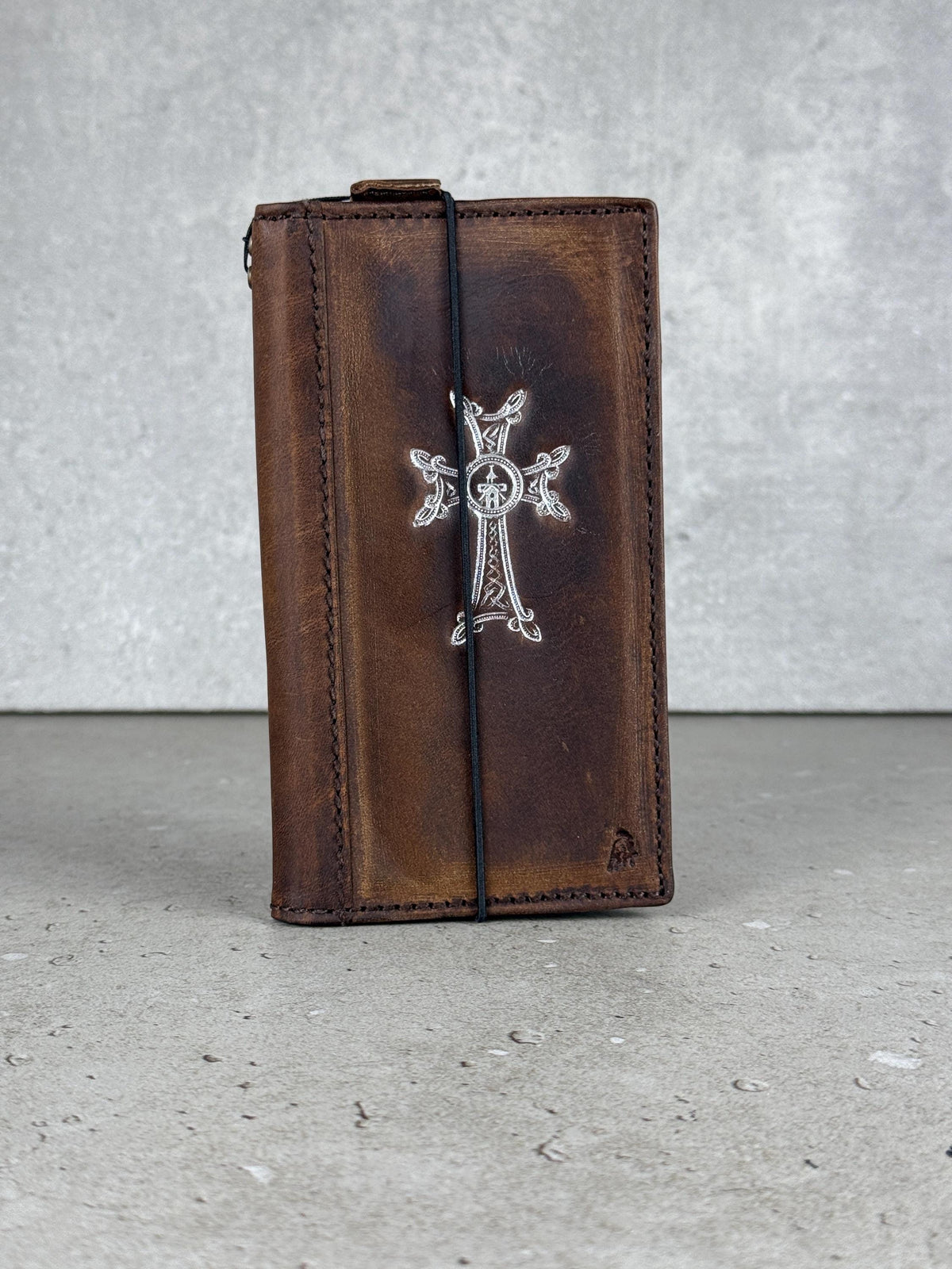 Handmade Leather iPhone Wallet Case: Vintage Silver Cross Design