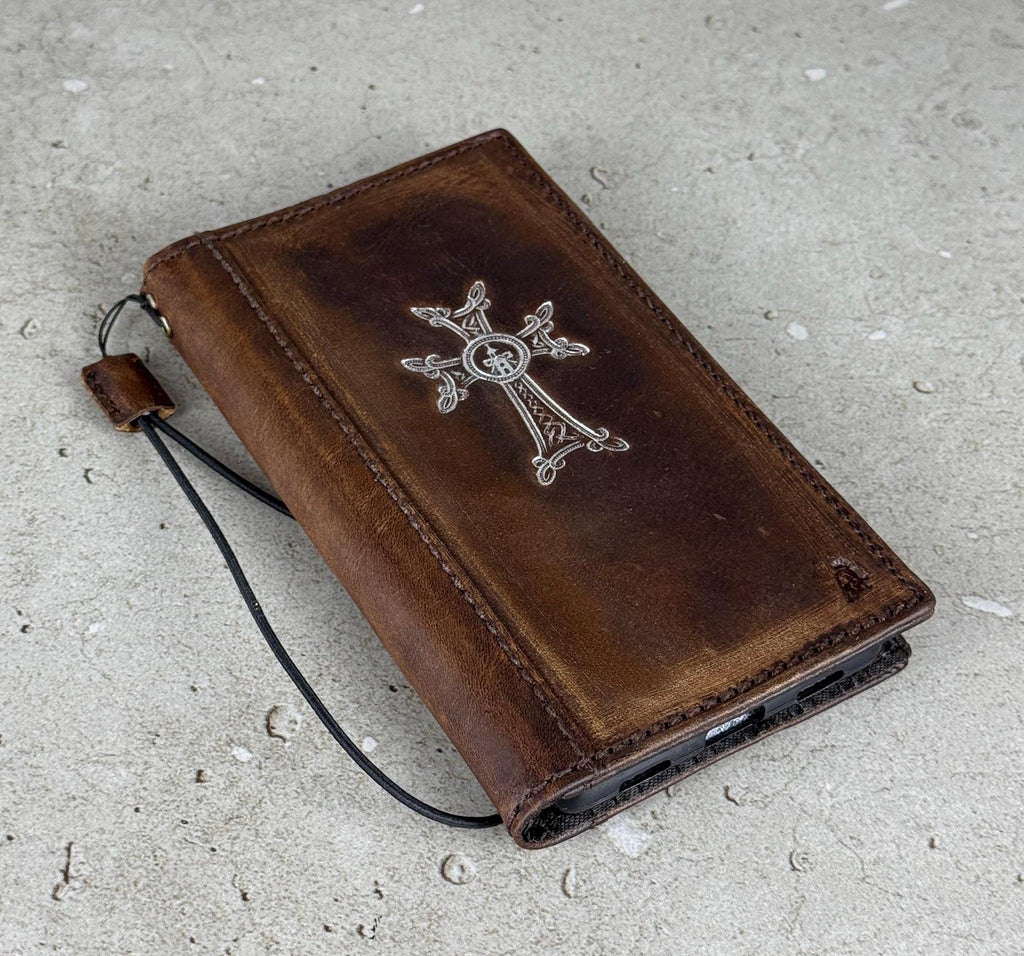 Handmade Leather iPhone Wallet Case: Vintage Silver Cross Design