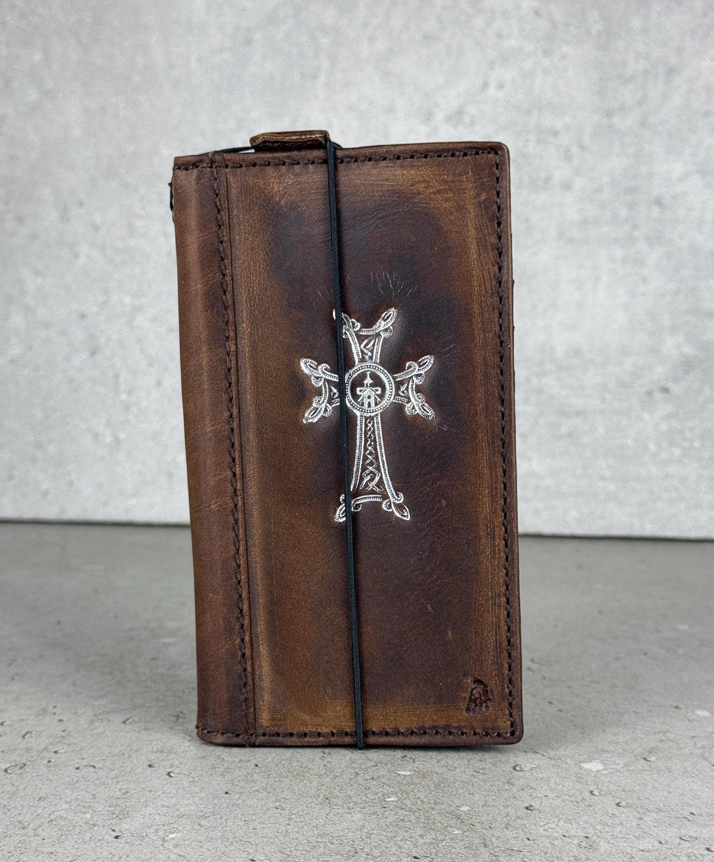 Handmade Leather iPhone Wallet Case: Vintage Silver Cross Design