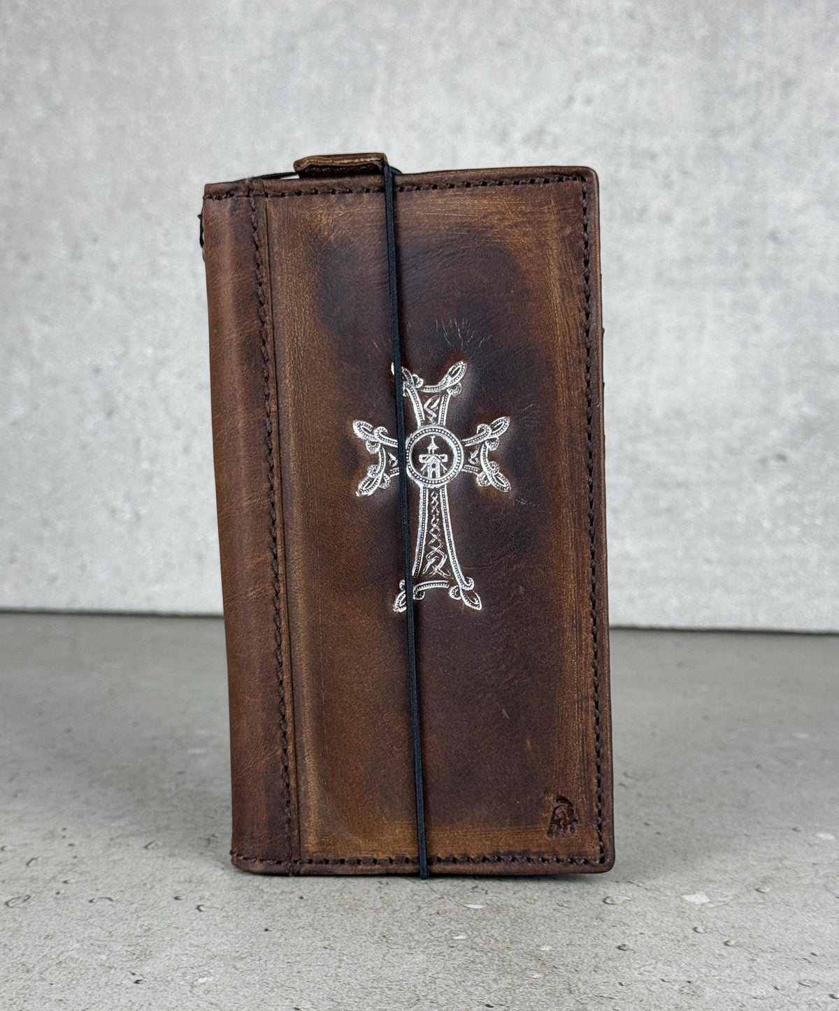 Handmade Leather iPhone Wallet Case: Vintage Silver Cross Design