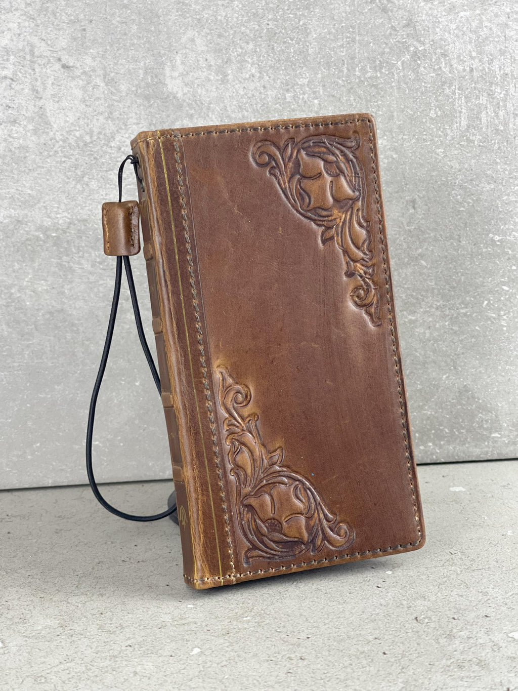 Vintage Leather iPhone Wallet Case: Floral Art, Card Slots
