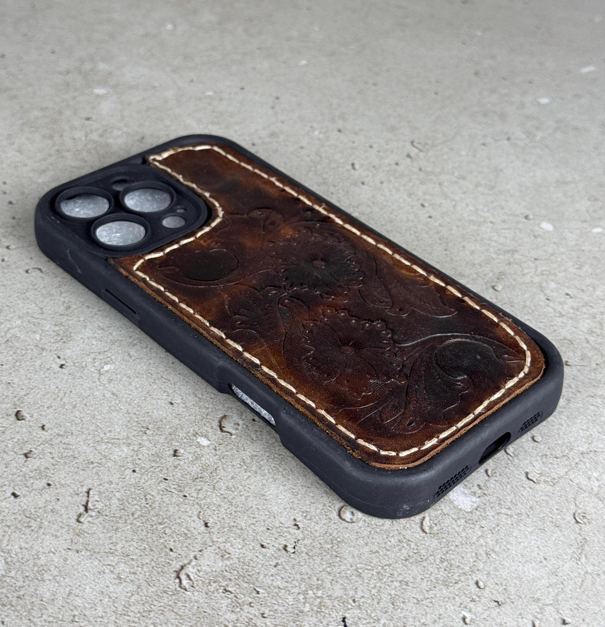 Handmade Tooled Leather iPhone Case: Floral Art, Stitched Genuine Leather