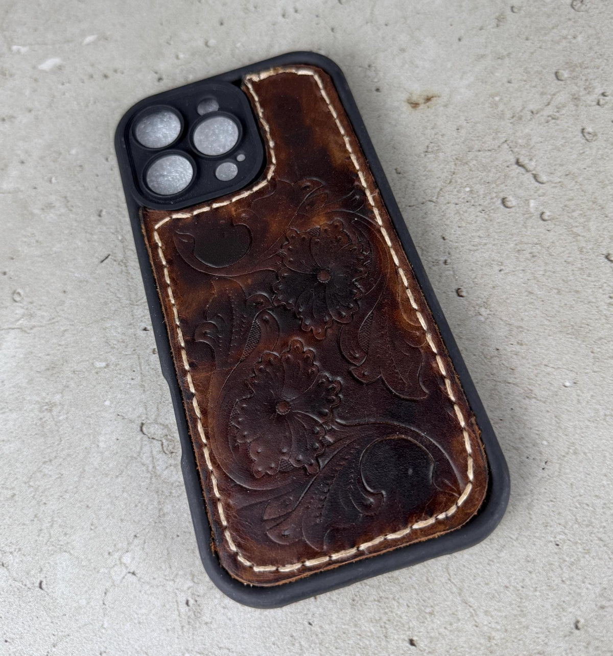 Handmade Tooled Leather iPhone Case: Floral Art, Stitched Genuine Leather