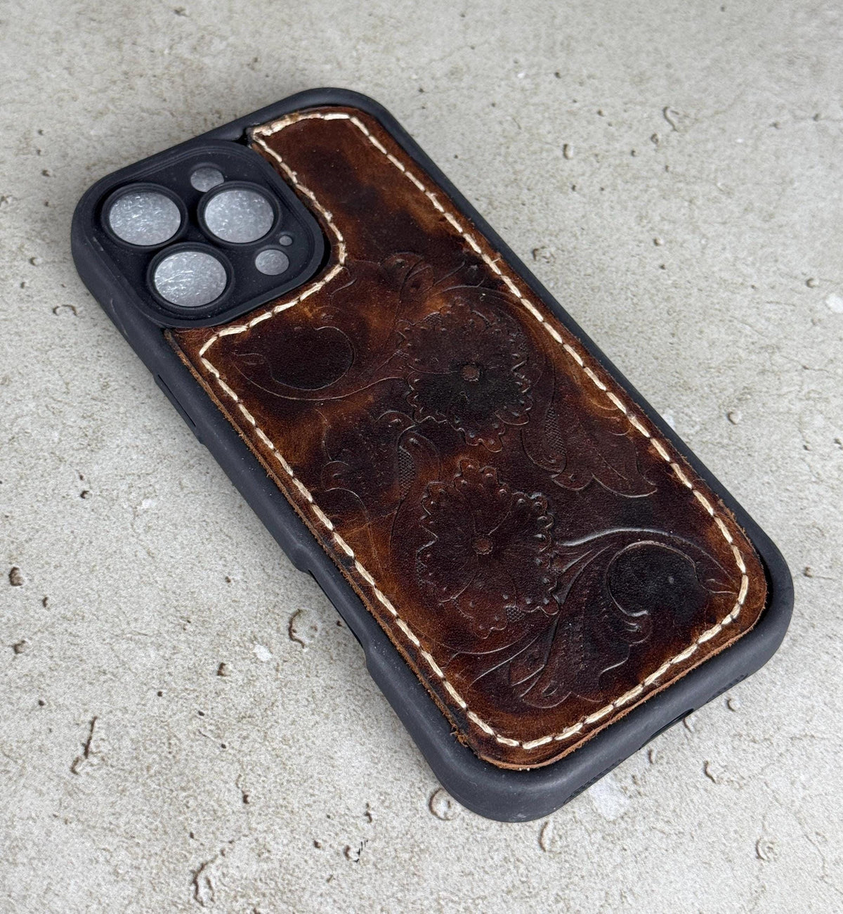 Handmade Tooled Leather iPhone Case: Floral Art, Stitched Genuine Leather