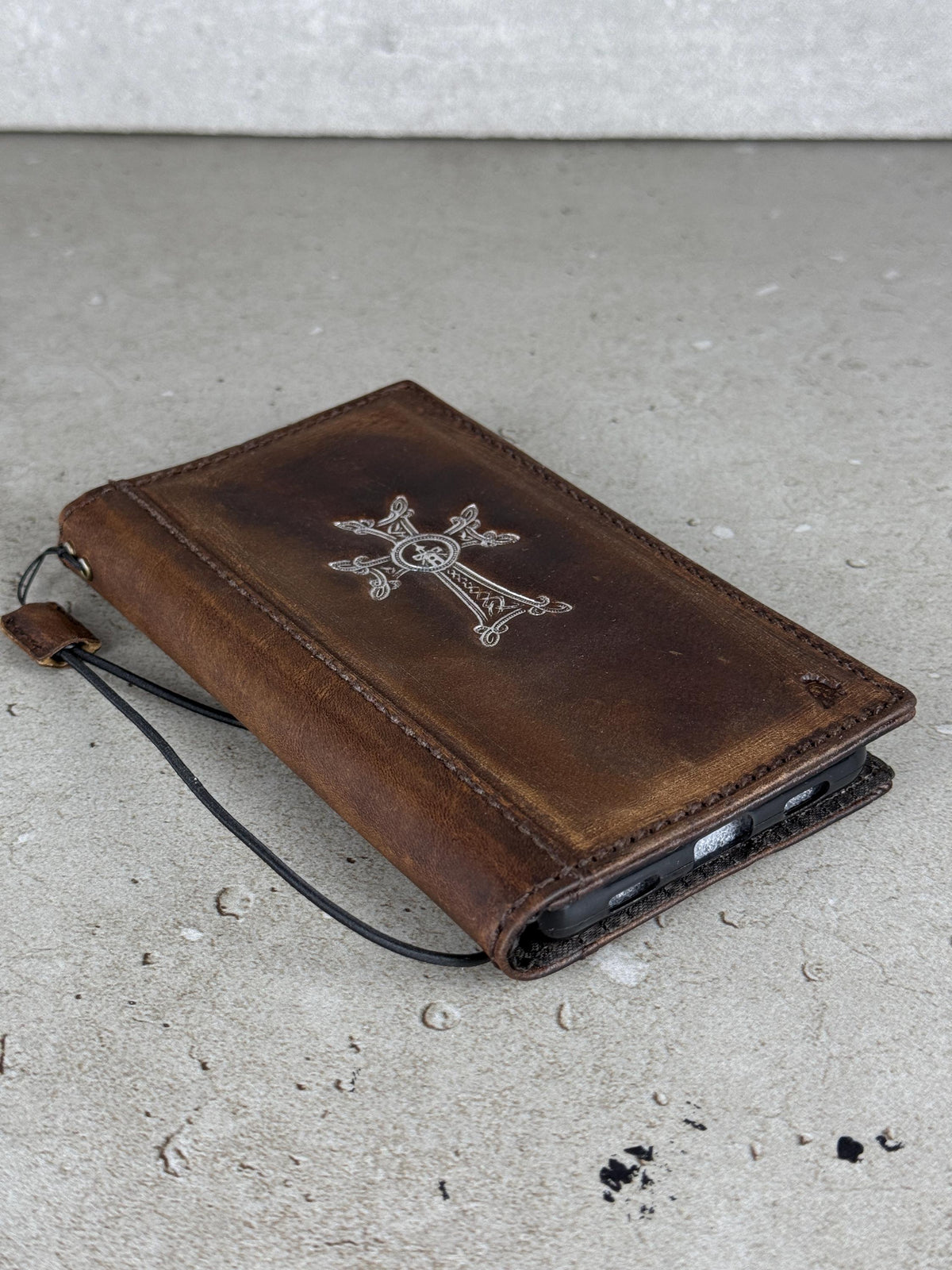 Handmade Leather iPhone Wallet Case: Vintage Silver Cross Design