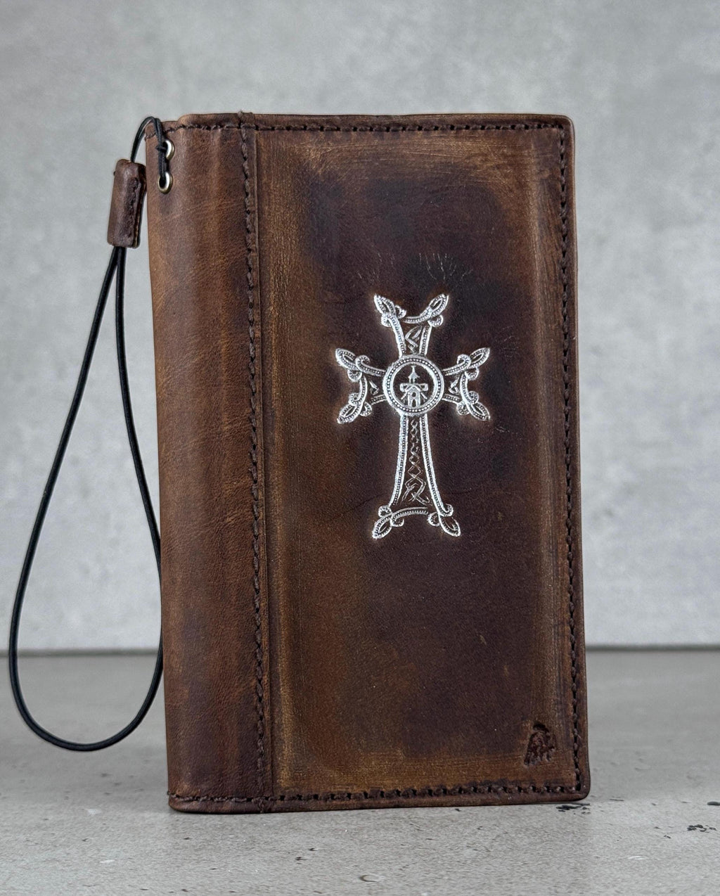 Handmade Leather iPhone Wallet Case: Vintage Silver Cross Design