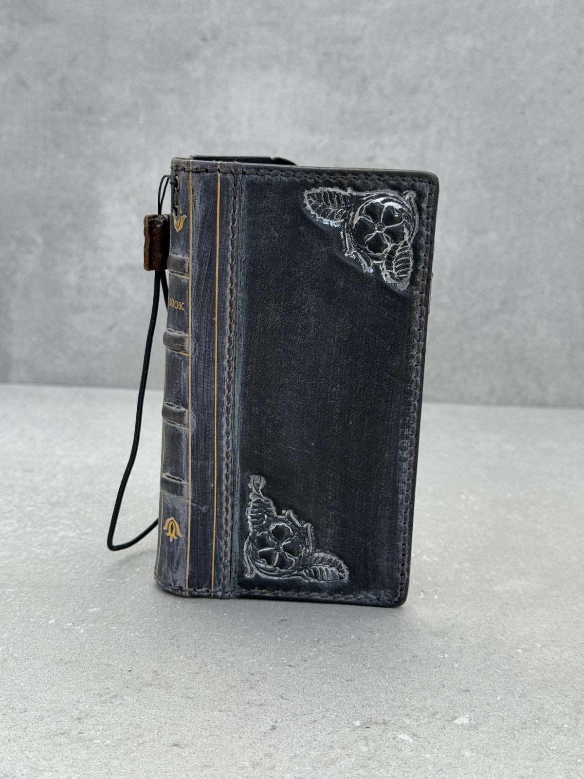 Handmade Leather Book Phone Case: Vintage Gray Blue iPhone Cover