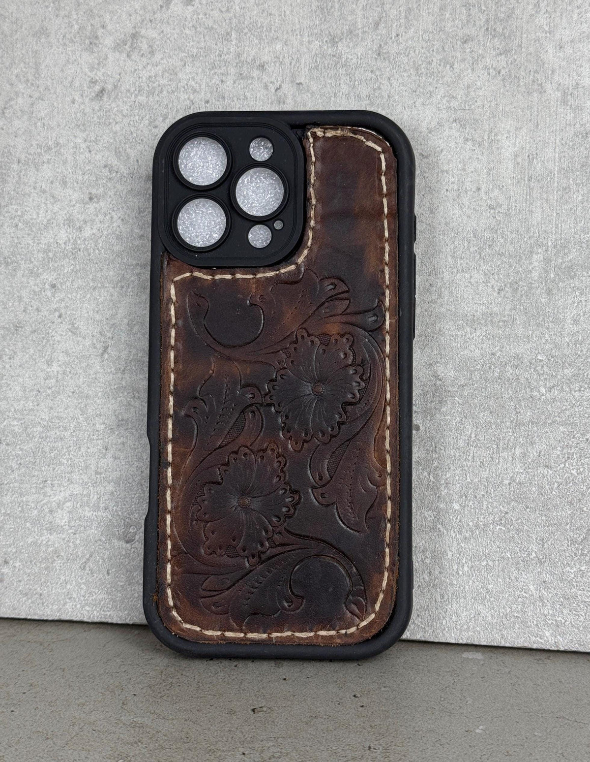 Handmade Tooled Leather iPhone Case: Floral Art, Stitched Genuine Leather