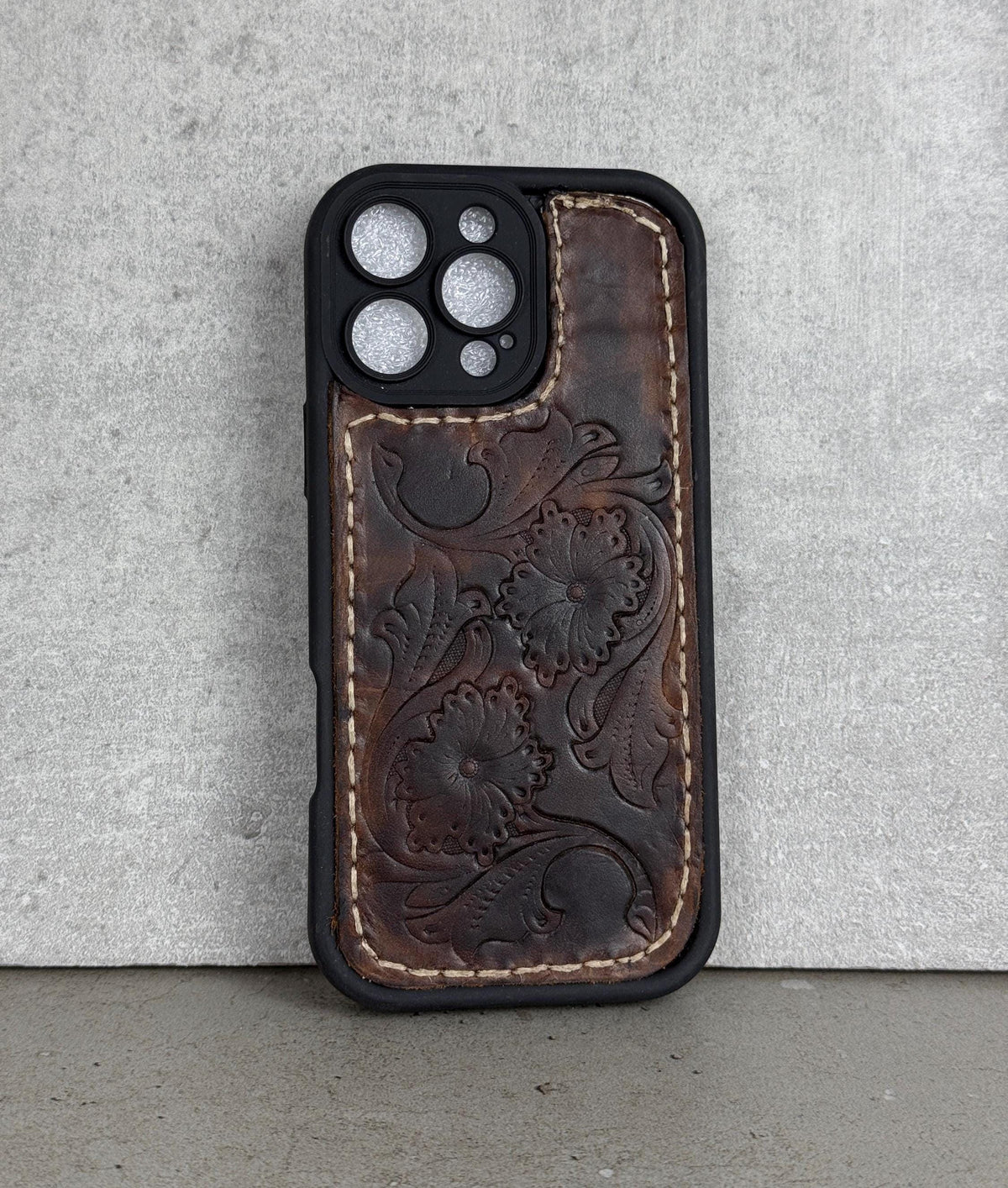 Handmade Tooled Leather iPhone Case: Floral Art, Stitched Genuine Leather