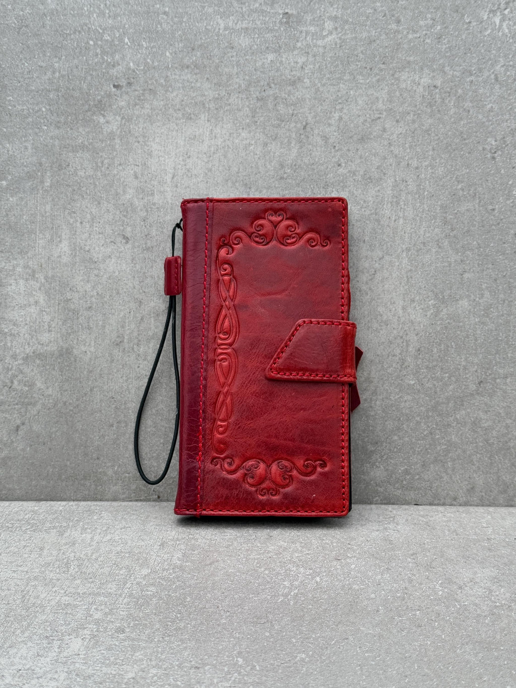 Handmade Red Leather iPhone Wallet Case: Vintage Book Design