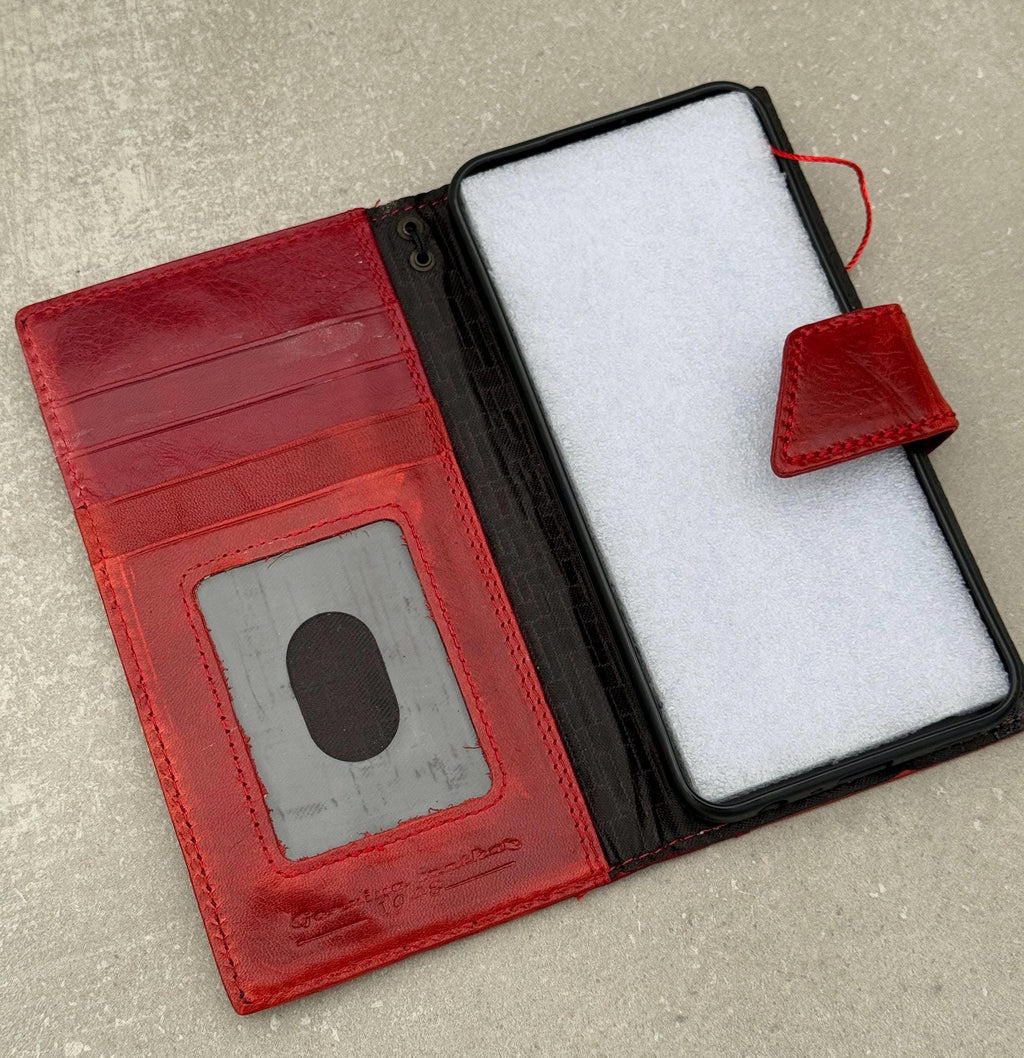 Handmade Red Leather iPhone Wallet Case: Vintage Book Design