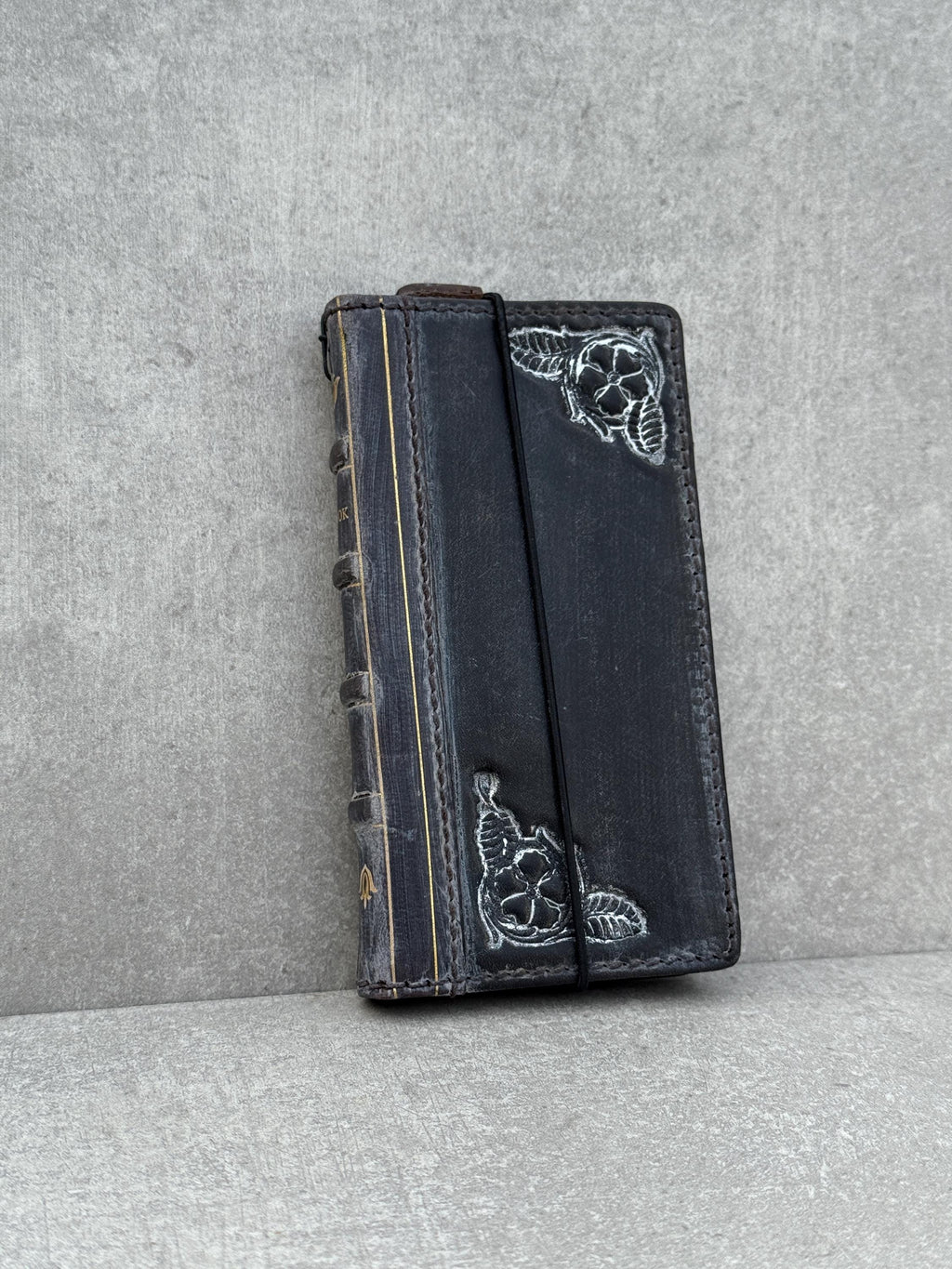 Handmade Leather Book Phone Case: Vintage Gray Blue iPhone Cover