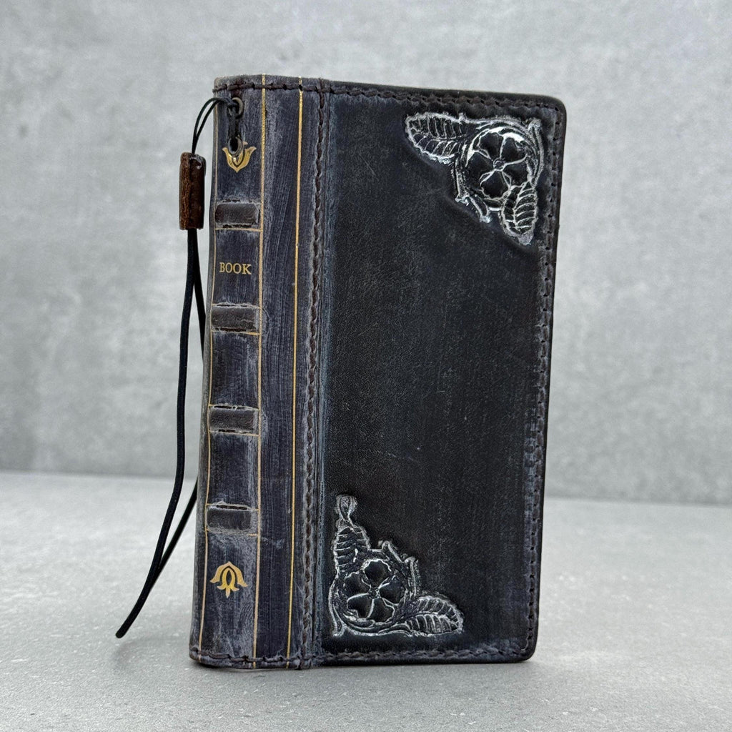 Handmade Leather Book Phone Case: Vintage Gray Blue iPhone Cover