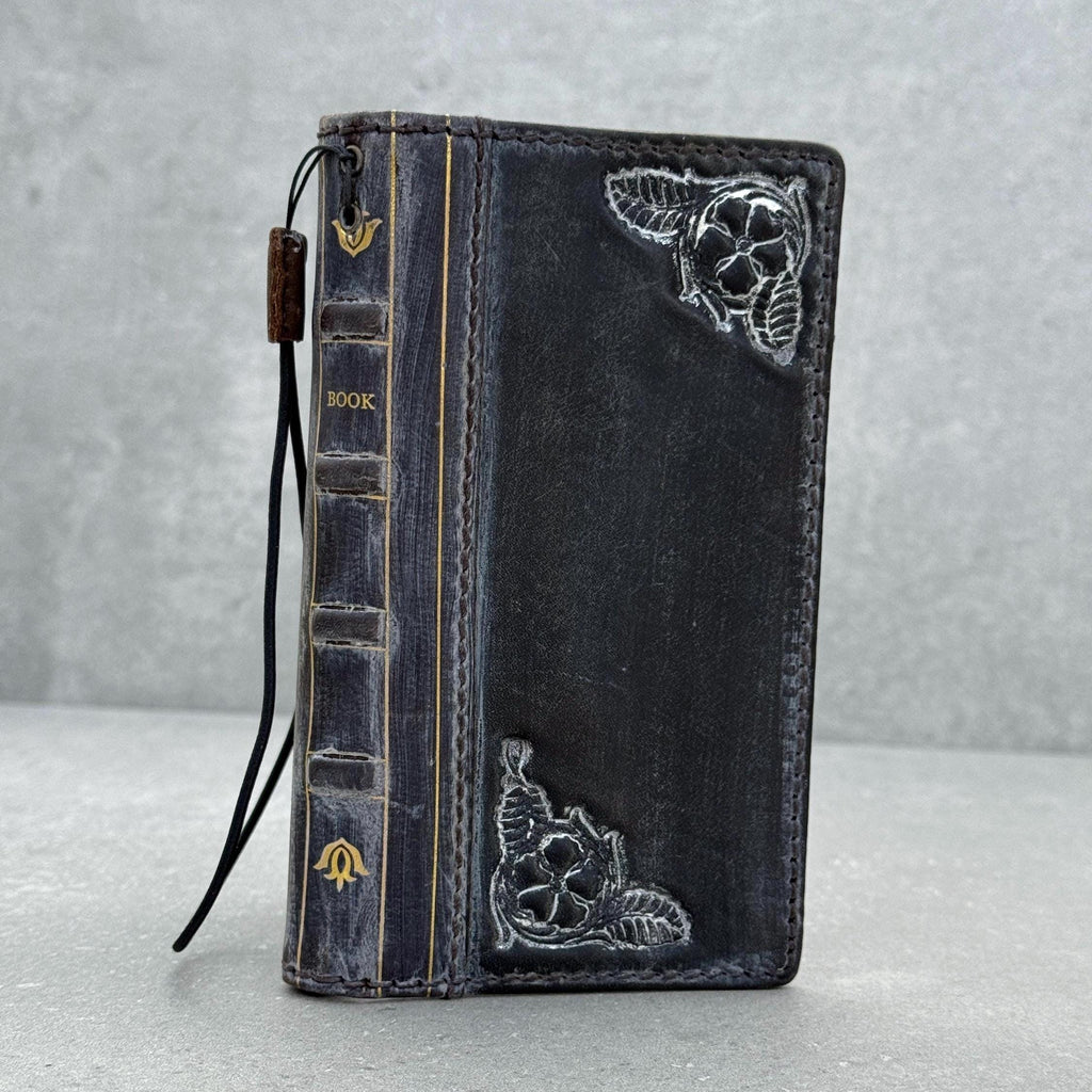 Handmade Leather Book Phone Case: Vintage Gray Blue iPhone Cover