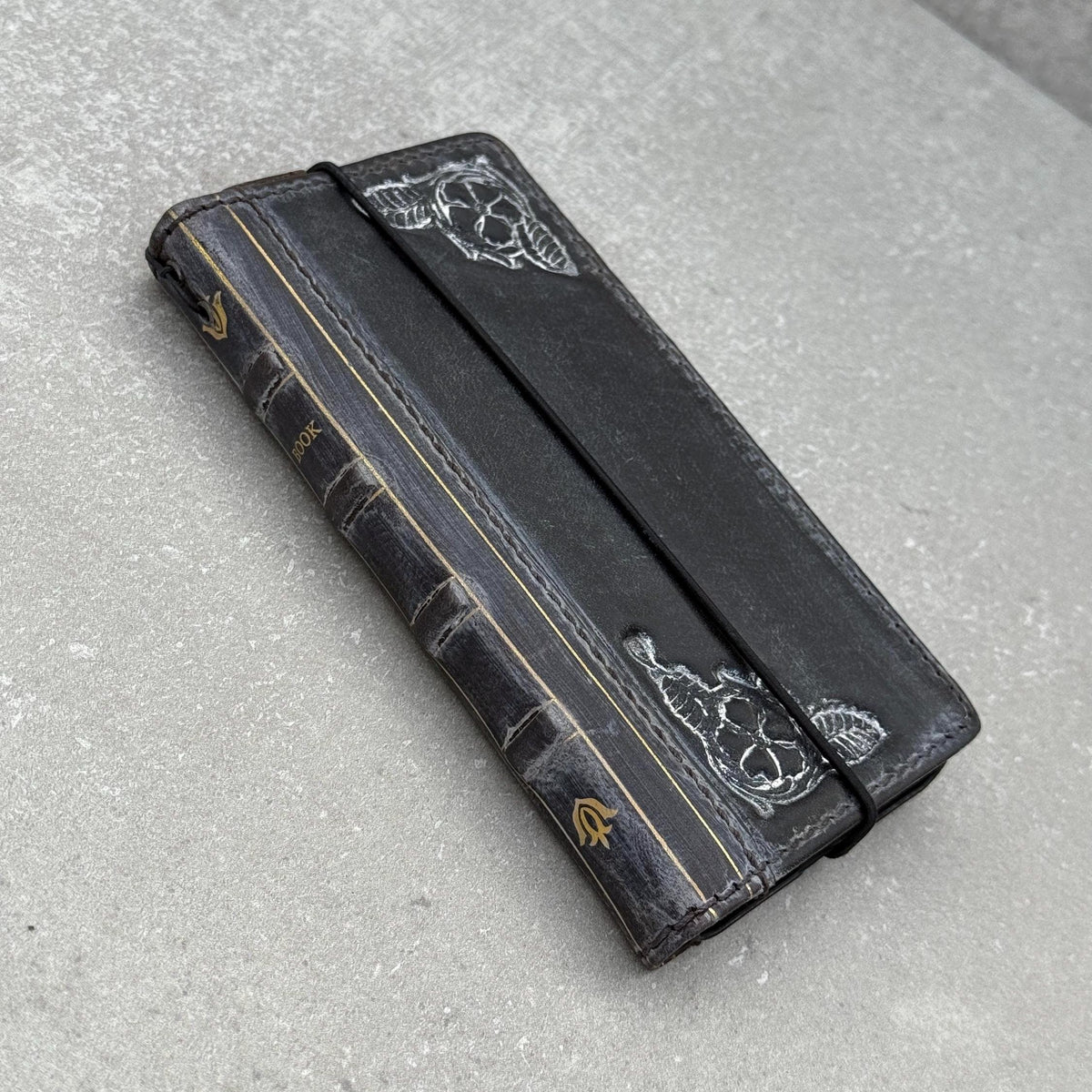Handmade Leather Book Phone Case: Vintage Gray Blue iPhone Cover